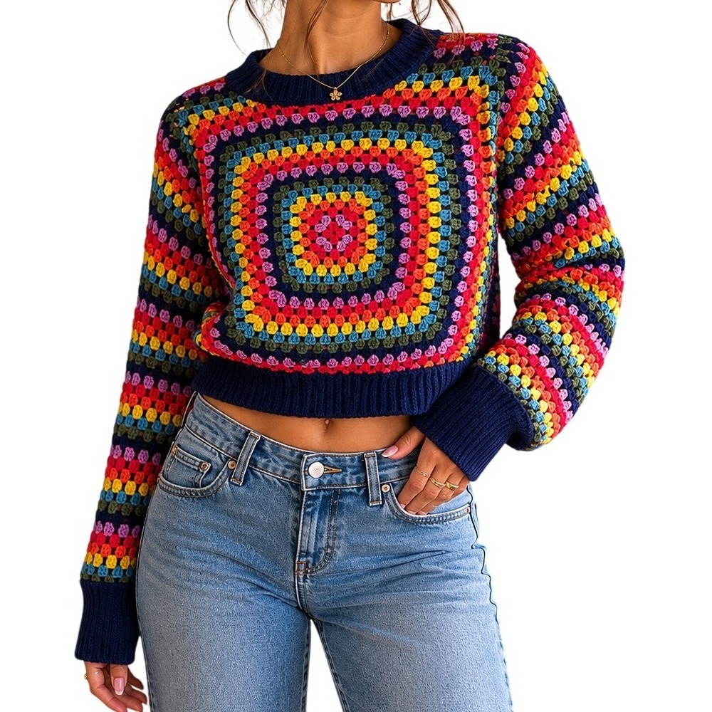 Farm Rio Rainbow Crochet Square Knit Sweater Women's Small